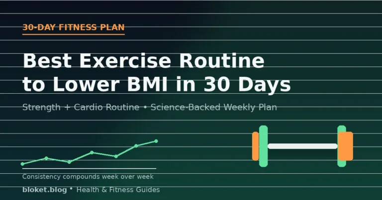 Best exercise routine to lower BMI in 30 days, dumbbell and progress chart graphic