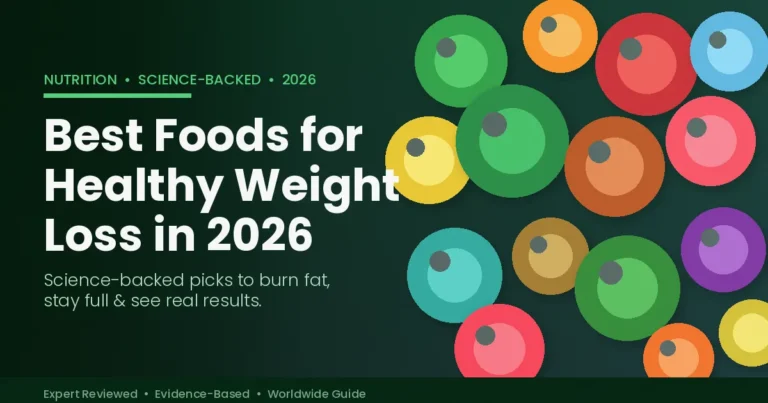 Best foods for healthy weight loss arranged as colorful whole food groups on a dark green background (101 chars)