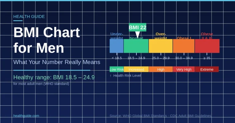 BMI chart for men showing healthy, overweight, and obese ranges with color-coded health risk scale