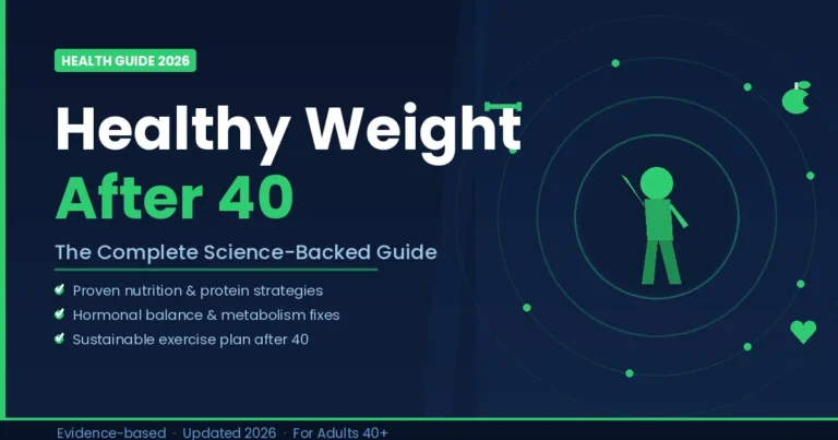 Healthy weight after 40 guide showing an active person silhouette with nutrition and fitness icons (97 chars)