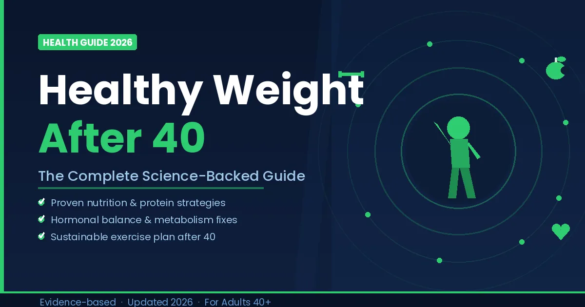 Healthy weight after 40 guide showing an active person silhouette with nutrition and fitness icons (97 chars)